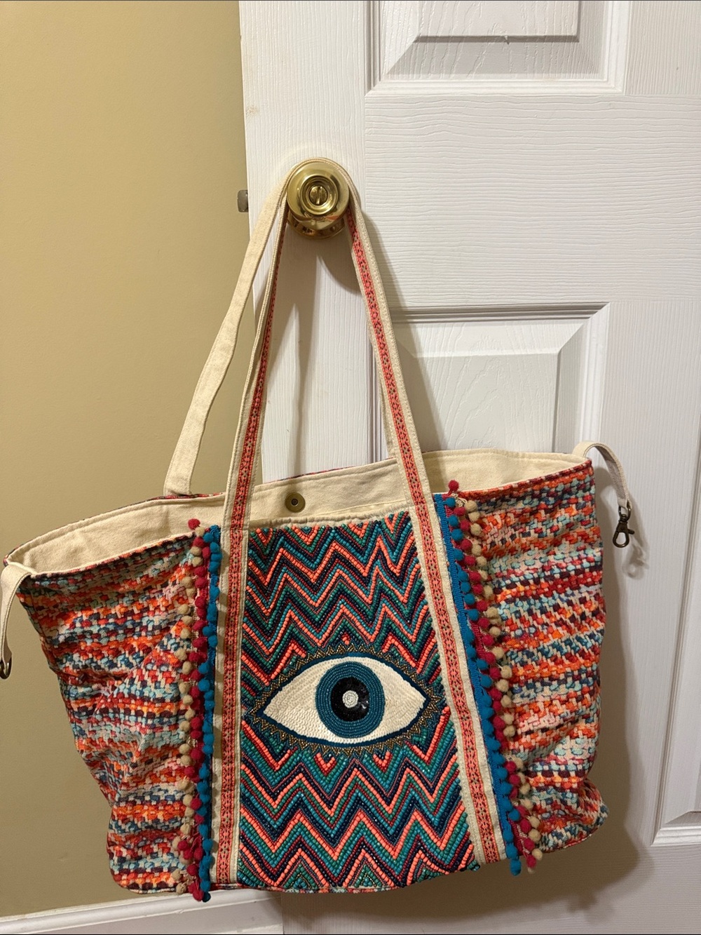 Canvas Eye Embroidered Tote Bag in Multicolor